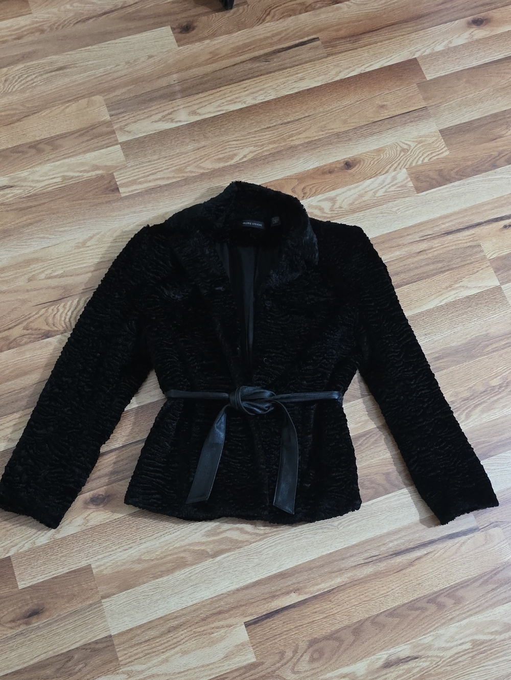 Valerie Stevens Black Faux Fur Tie-Waist Teddy Jacket Hook Closure Womens S